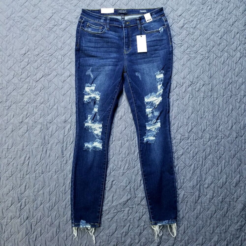 Judy Blue Jeans Womens 13/31 Blue Skinny Fit Mid-Rise Distressed Dark Wash Denim